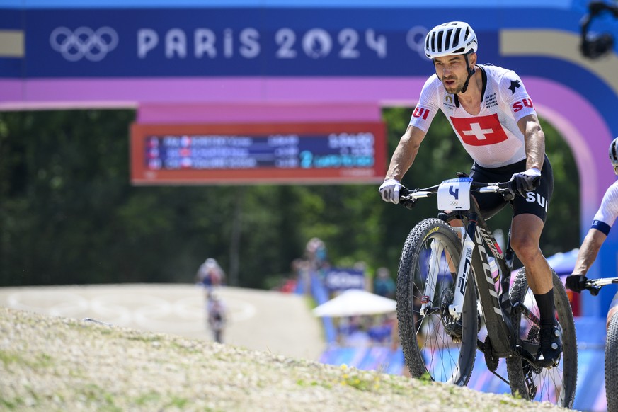 Nino Schurter of Switzerland in action during the Men's Cross-country race at the 2024 Paris Summer Olympics in Paris, France, Monday, July 29, 2024. (KEYSTONE/Laurent Gillieron)