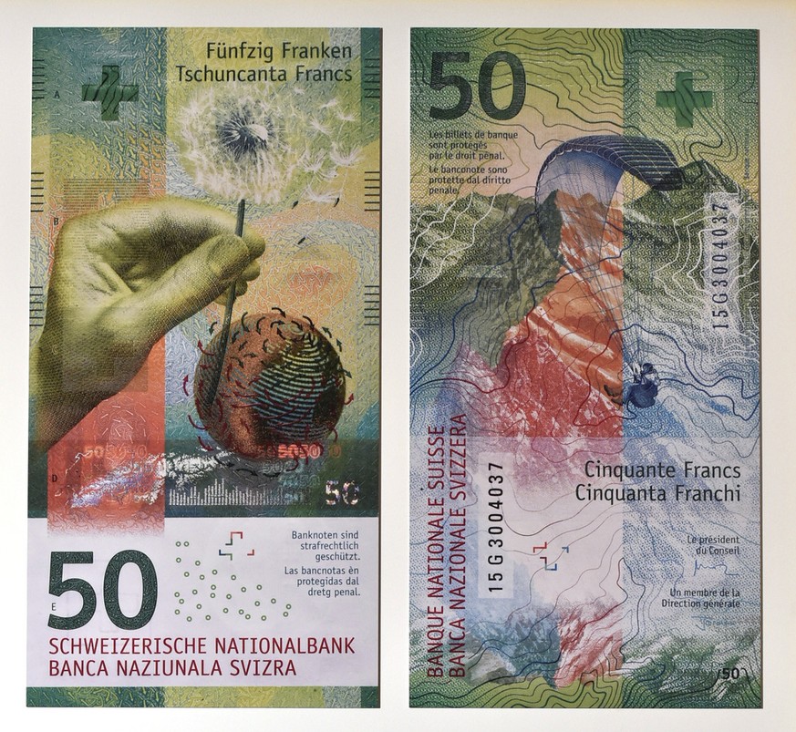 Die neue Schweizer 50-Franken-Note der Schweizerischen Nationalbank wird im Salon du Palais in Bern praesentiert, am Mittwoch, 6. April 2016. Die neue Schweizer Banknote kommt am Dienstag, 12. April 2 ...
