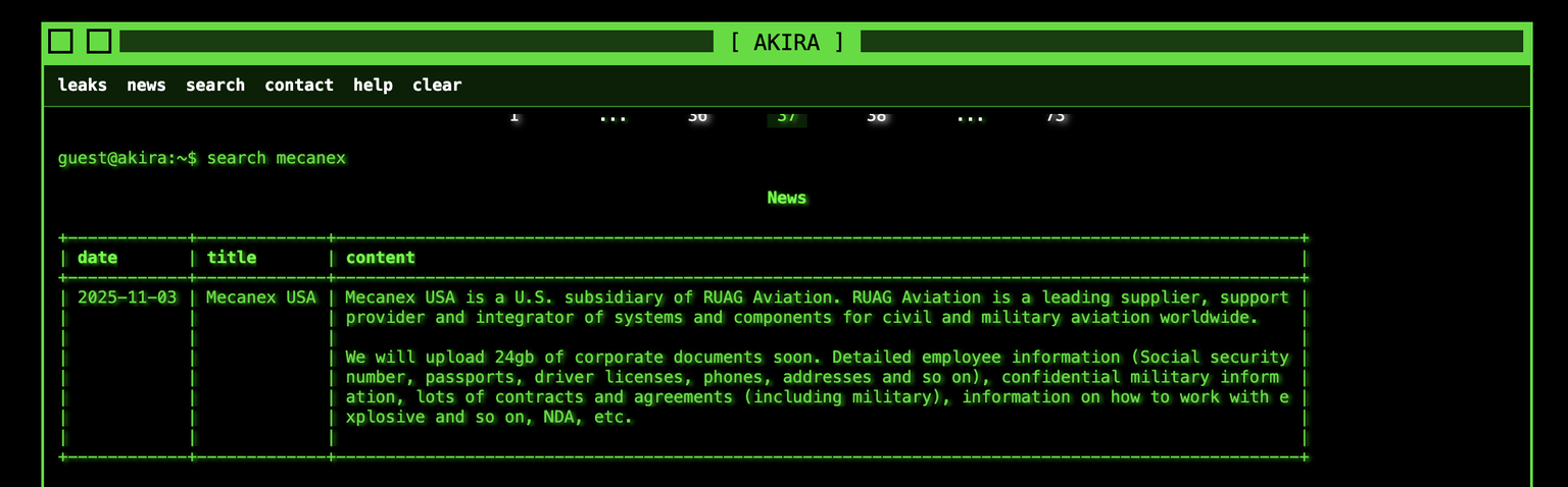 Darknet-Leak-Site der Ransomware-Bande Akira. Screenshot: watson (Juni 2026).