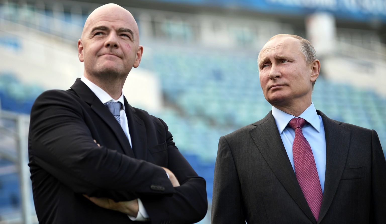 CAPTION CORRECTS THE NAME OF RESORT FROM SLOVYANSK TO SOCHI Russian President Vladimir Putin, right, and FIFA president Gianni Infantino visit the Fisht Stadium in the Black Sea resort of Sochi, Russi ...