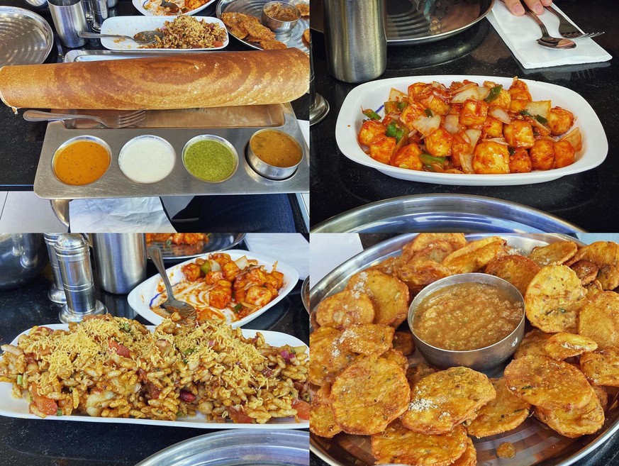 Sarashwathy Bhavan, Wembley, London: Masala Dosa, Chili Paneer, Bhel Puri, Potato Bhajis essen food kochen reisen curry vegetarisch