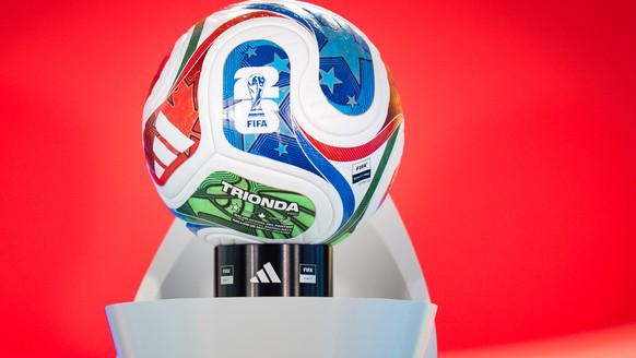 The "Trionda" World Cup 2026 official ball is displayed during the FIFA World Cup 2026 playoff draw in Zurich, Switzerland, Thursday, Nov. 20, 2025. (Claudio Thoma/Keystone via AP)
Switzerla ...
