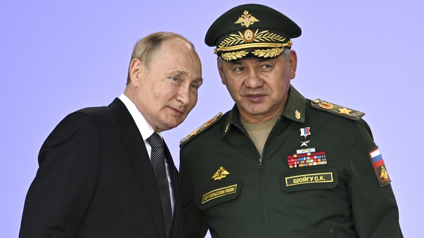 FILE Russia&#039;s President Vladimir Putin and Russian Defense Minister Sergei Shoigu attend the opening of the Army 2022 International Military and Technical Forum in the Patriot Park outside Moscow ...