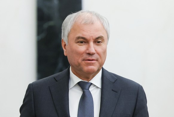 epa12762421 Russian State Duma Speaker Vyacheslav Volodin waits before a meeting, chaired by President Putin, with members of the Security Council at the Kremlin in Moscow, Russia, 20 February 2026. E ...