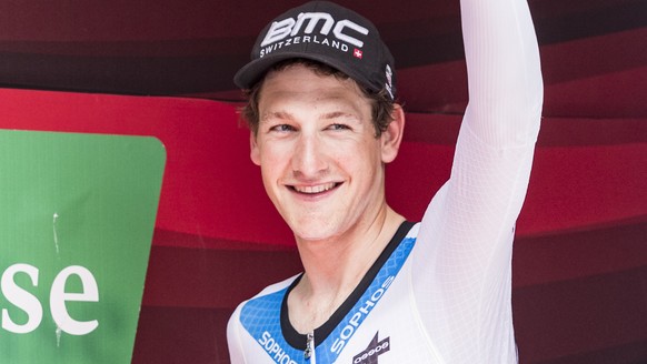 Stefan Kueng from Switzerland of BMC Racing Team celebrates after winning the 9th stage, a 34,1 km time trial the 82. Tour de Suisse UCI ProTour cycling race in Bellinzona, Switzerland, on Sunday, Jun ...