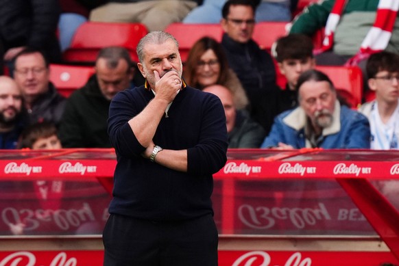 Nottingham Forest head coach Ange Postecoglou reacts during the English Premier League soccer match between Nottingham Forest and Chelsea, in Nottingham, England, Saturday, Oct. 18, 2025. (Mike Egerto ...