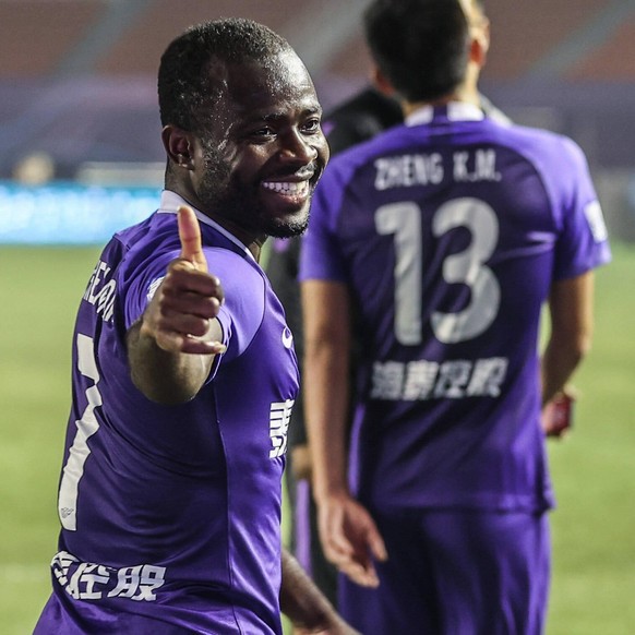 201026 -- DALIAN, Oct. 26, 2020 -- Frank Acheampong of Tianjin Teda celebrates after the 17th round match between Tianjin Teda and Dalian Pro at 2020 season Chinese Football Association Super League C ...