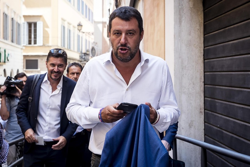 Italian Deputy-Premier and Interior Minister, Matteo Salvini, arrives for a meeting in Rome, Wednesday, Aug. 21, 2019. Italy could see elections as early as this fall after Italian Premier Giuseppe Co ...