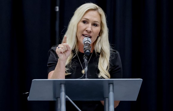 epa12034124 Republican Representative from Georgia Marjorie Taylor Greene participates in her Cobb County Town Hall at the Acworth Community Center in Acworth, Georgia, USA, 15 April 2025. EPA/ERIK S. ...