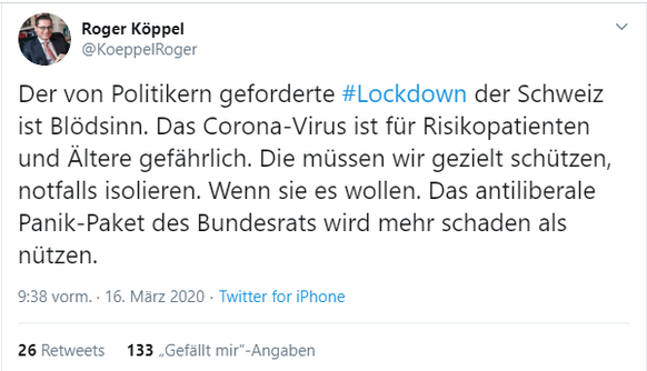 Einer für alle, alle für eine: Alle Parteien reagieren geeint zum Lockdown
Währenddessen Roger Köppel in seiner eigenen Welt lebt….

https://twitter.com/KoeppelRoger