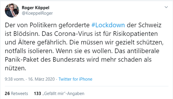 Einer fÃ¼r alle, alle fÃ¼r eine: Alle Parteien reagieren geeint zum Lockdown
WÃ¤hrenddessen Roger KÃ¶ppel in seiner eigenen Welt lebtâ¦.

https://twitter.com/KoeppelRoger