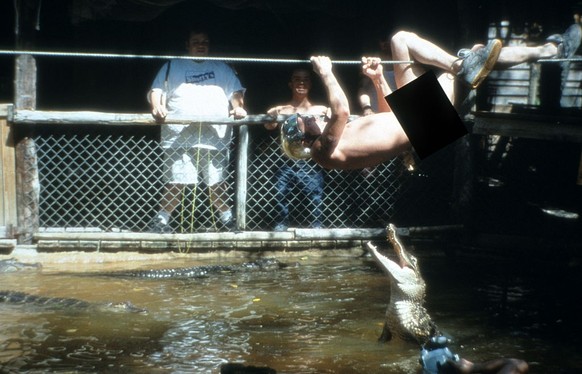 Steve-O jumps into an alligator pit in a scene from the film &#039;Jackass: The Movie&#039;, 2002. (Photo by Paramount/Getty Images)