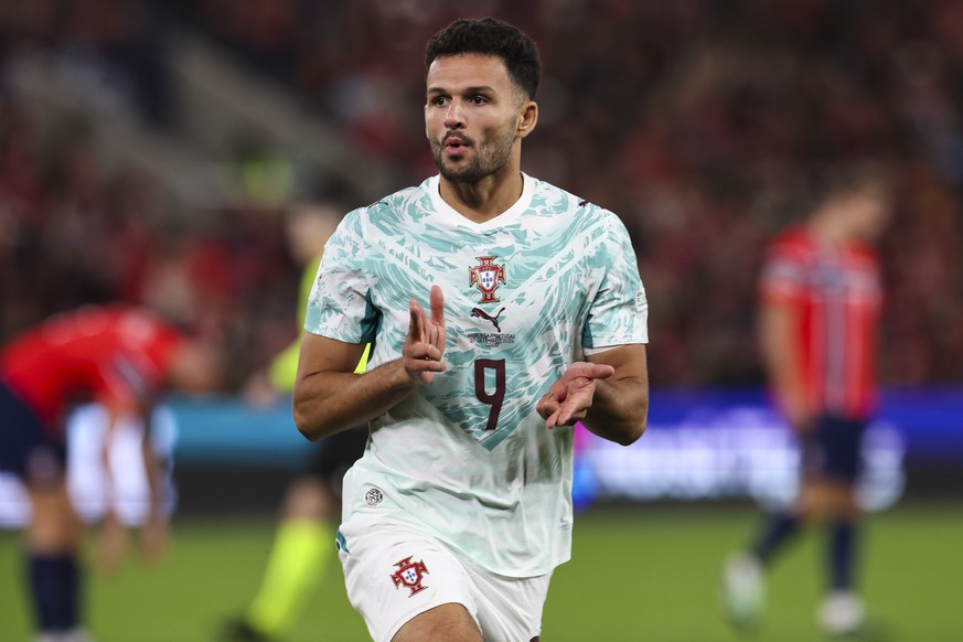 epa13267237 Portugal's Goncalo Ramos celebrates scoring a goal during the UEFA Nations League soccer match between Norway and Portugal at Ullevaal Stadium in Oslo, Norway, 27 September 2026. EPA/ ...