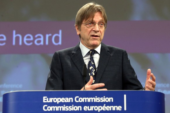 epa09145242 Member of the European Parliament Guy Verhofstadt speaks to the press during the opening remarks by the Co-Chairs of the Conference on the Future of Europe Executive Board in Brussels, Bel ...