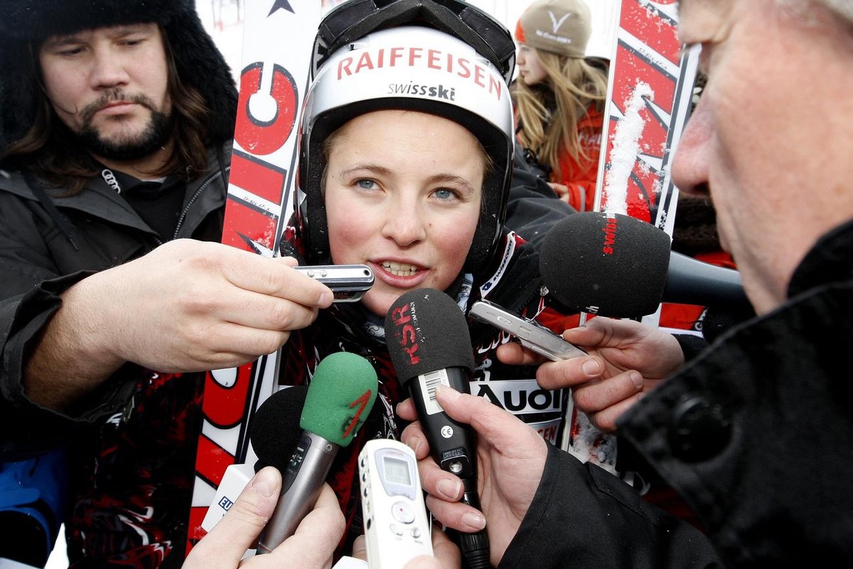 Lara Gut, ski racer from Switzerland, speaks to journalists after a training session prior the World Alpine Ski Championships in Val d'Isere, France, Monday, February 2, 2009. The Alpine World Sk ...