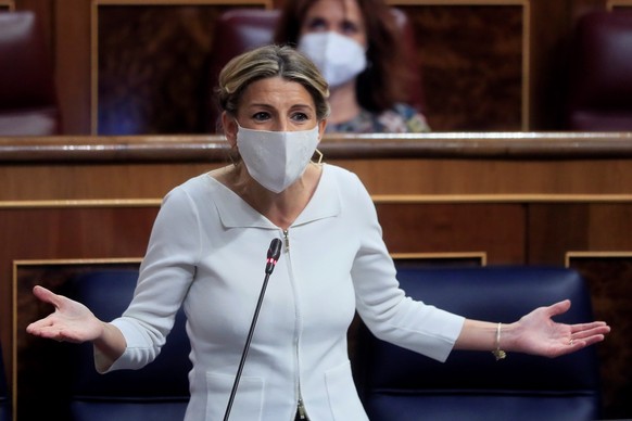 epa09210987 Spanish Labor Minister Yolanda Diaz delivers a speech during a new Spanish Government&#039;s Question Time session at the Lower Chamber in Madrid, Spain, 19 May 2021. The session is focuse ...