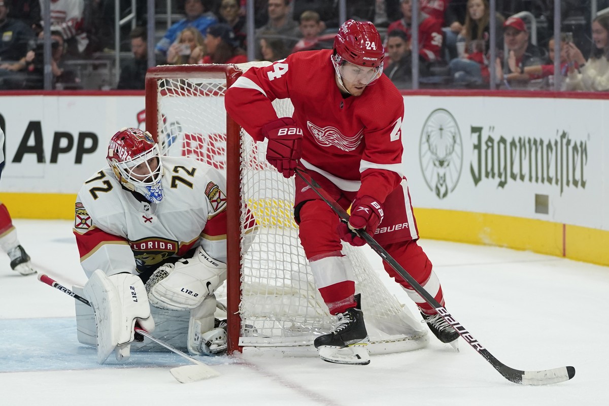 Florida Panthers goaltender Sergei Bobrovsky (72) defends Detroit Red Wings center Pius Suter (24) in the second period of an NHL hockey game Friday, Oct. 29, 2021, in Detroit. (AP Photo/Paul Sancya)