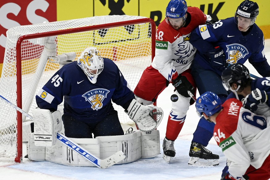 Finland&#039;s goalkeeper Jussi Olkinuora guards the net during the 2022 IIHF Ice Hockey World Championships preliminary round group B match between Finland and Czech Republic in Tampere, Finland, Tue ...