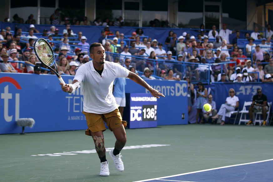 Nick Kyrgios, of Australia, returns the ball to Daniil Medvedev, of Russia, during a final match at the Citi Open tennis tournament, Sunday, Aug. 4, 2019, in Washington. (AP Photo/Patrick Semansky)
Ni ...