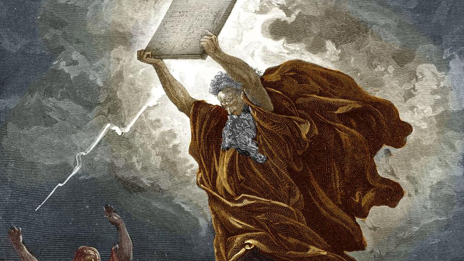 Moses zerbricht die Gesetzestafeln (Exodus 32, 19-20), gezeichnet von Gustave Doré.<br data-editable="remove">