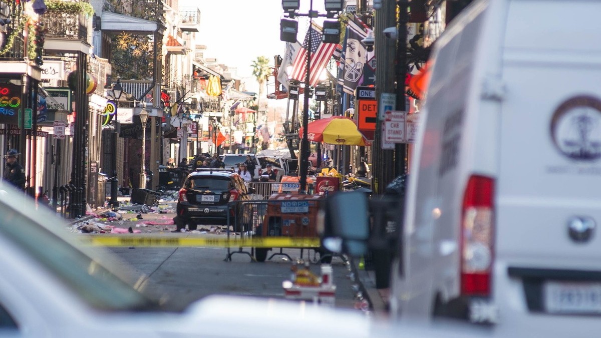 epa11801720 A view of the scene in the French Quarter after a car ramming attack in New Orleans, Louisiana, USA, 01 January 2025. At least 10 people are dead and 30 injured after a man drove his white ...
