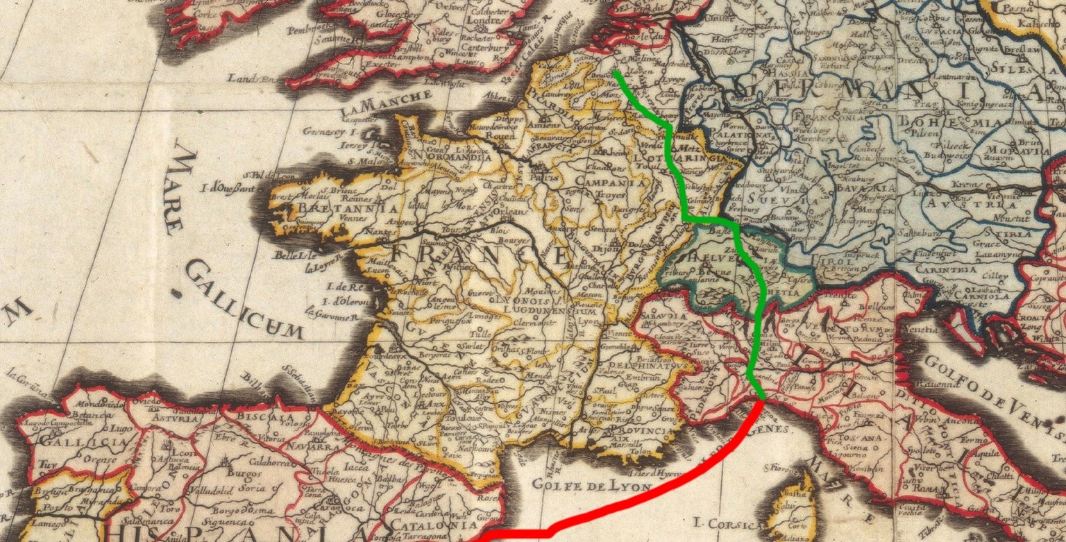 Mitteleuropa um 1670, ab 1604 konnten spanische Truppen auf dem Weg in die Niederlande unter strengen Voraussetzungen die katholischen Kantone der Eidgenossenschaft passieren.
https://www.e-rara.ch/be ...
