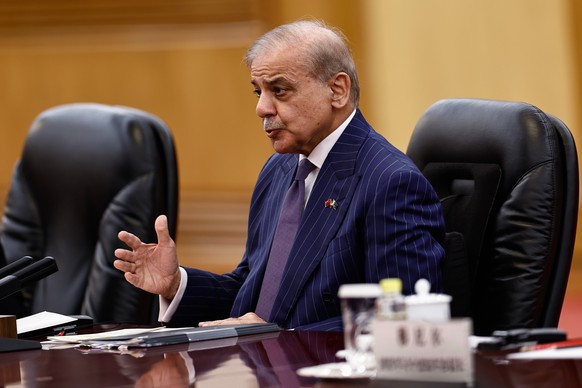 Pakistan's Prime Minister Shehbaz Sharif attends a meeting with Chinese President Xi Jinping at the Great Hall of the People, in Beijing, China, Monday May 25, 2026. (Tingshu Wang/Pool Photo via  ...