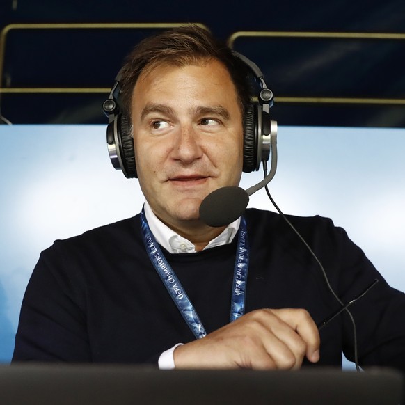 Sascha Ruefer, Swiss sports moderator for the Swiss TV SRF, looks on prior to the 2018 Fifa World Cup Russia group B qualification soccer match between Switzerland and Hungary in the St. Jakob-Park st ...