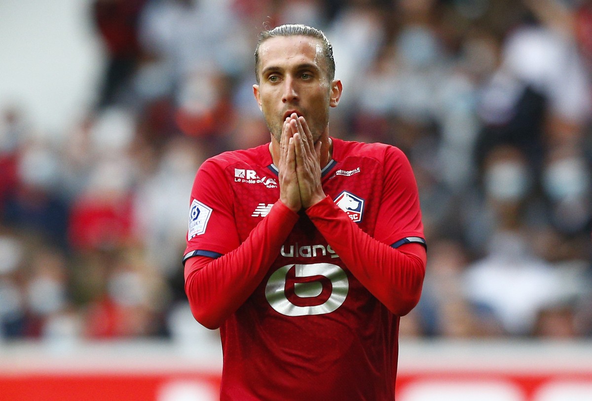 Lille's Yusuf Yazici reacts after missing a chance to score during the French League One soccer match between Lille and Montpellier at the Stade Pierre Mauroy stadium in Villeneuve-d'Ascq, F ...