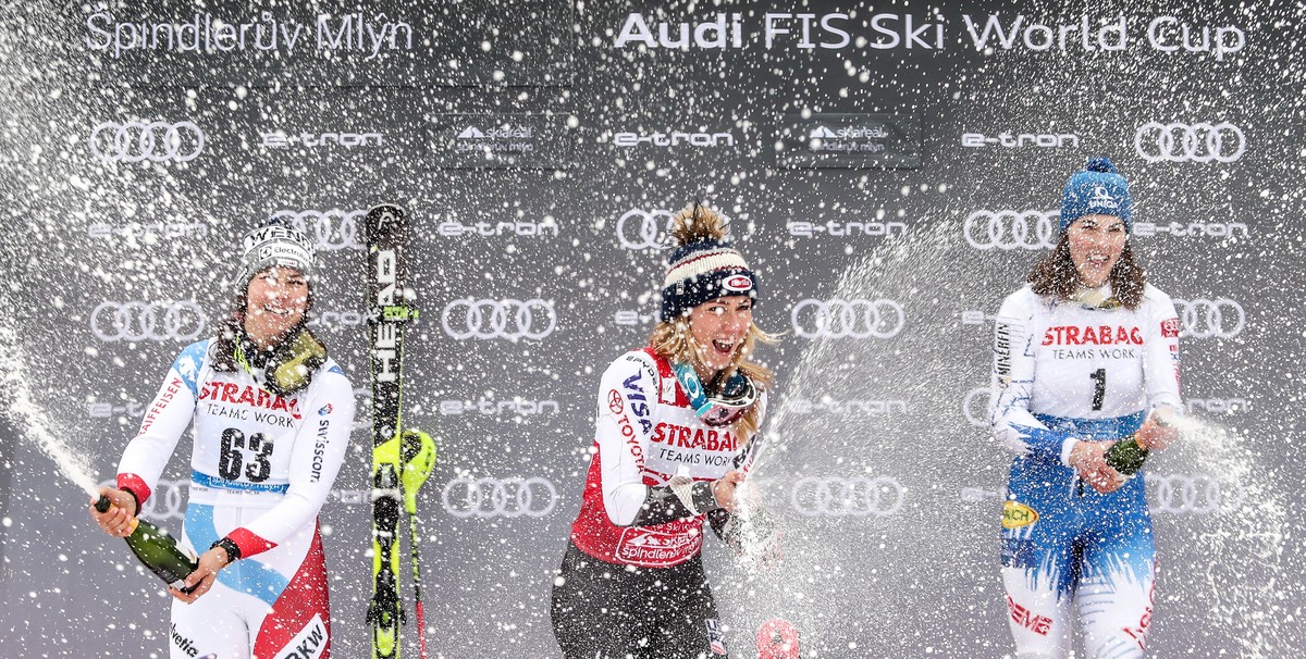 epa07424566 (L-R) Second placed Wendy Holdener of Switzerland, first placed Mikaela Shiffrin of US and third placed Petra Vlhova of Slovakia celebrate on the podium during trophy ceremony of Women ...