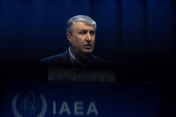epa10206978 Mohammad Eslami, Head of Atomic Energy Organization of the Islamic Republic of Iran (AEOI), delivers a speech during the 66th International Atomic Energy Agency (IAEA) General Conference a ...