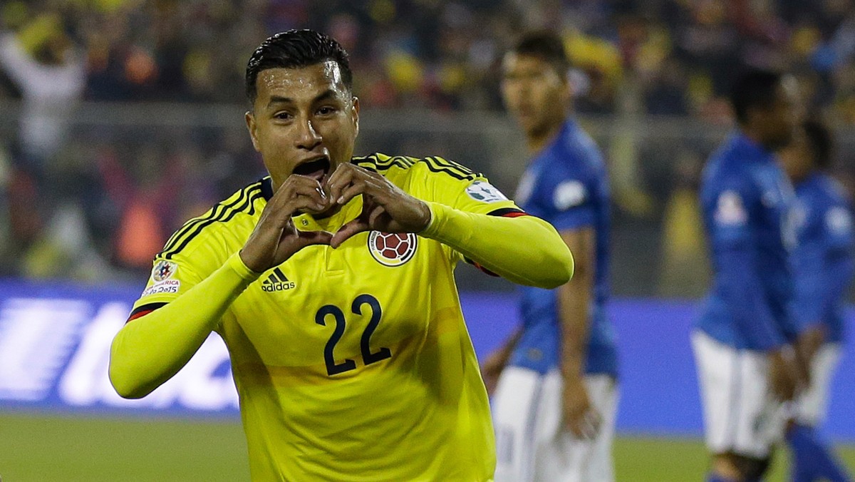Colombia's Jeison Murillo celebrates after scoring the opening goal during a Copa America Group C soccer match against Brazil at the Monumental stadium in Santiago, Chile, Wednesday, June 17, 201 ...
