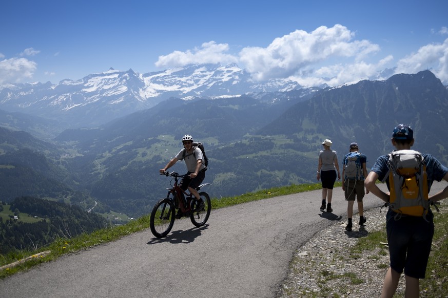 Des promeneurs se promenent et observent la vue sur les montagnes des Alpes Vaudoises alors qu&#039;une personne en velo electrique, EMTB, passe lors d&#039;une belle meteo de printemps ce dimanche 13 ...