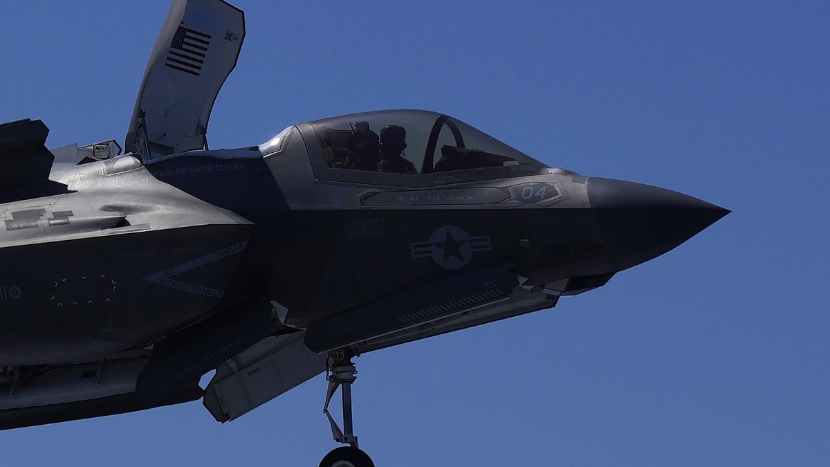 F-35 aircraft prepared for landing on the U.K.'s aircraft carrier HMS Queen Elizabeth in the Mediterranean Sea on Sunday, June 20, 2021. The British Royal Navy commanders say the U.K.'s newe ...
