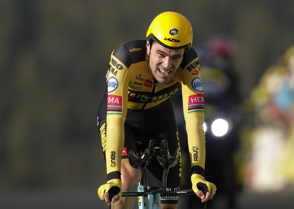 FILE- In this Saturday Sept. 19, 2020, file photo Netherland&#039;s Tom Dumoulin crosses the finish line of stage 20 of the Tour de France cycling race, an individual time trial over 36.2 kilometers ( ...