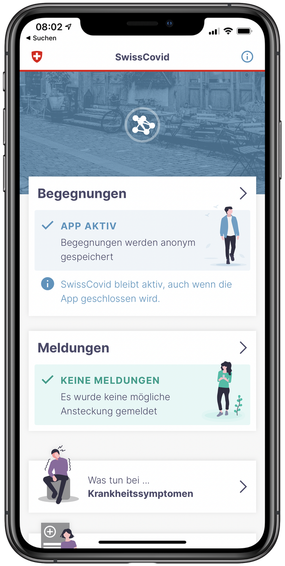 SwissCovid ist aktiv, warnt also nach intensiveren Begegnungen mit positiv Getesteten, es liegen derzeit aber keine Hinweise auf eine mögliche Ansteckung vor.