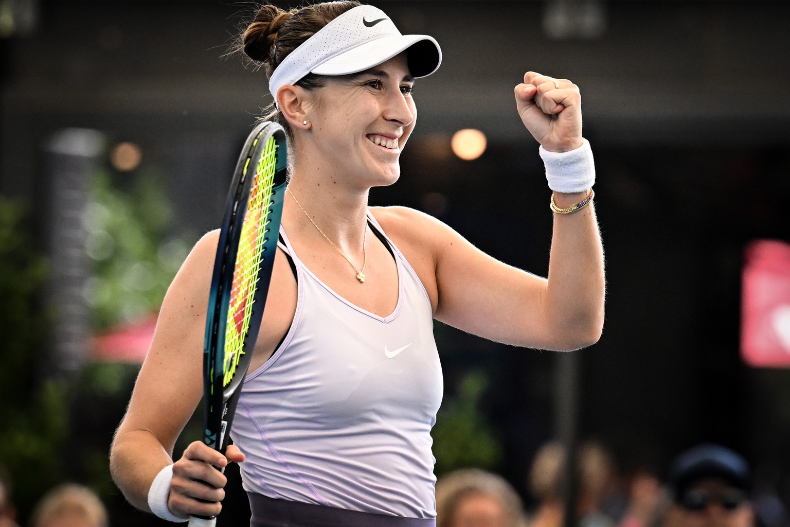 epa10404247 Belinda Bencic of Switzerland reacts after winning the Women?s Singles Final defeating Daria Kasatkina of Russia during the 2023 Adelaide International Tennis Tournament at the Memorial Dr ...