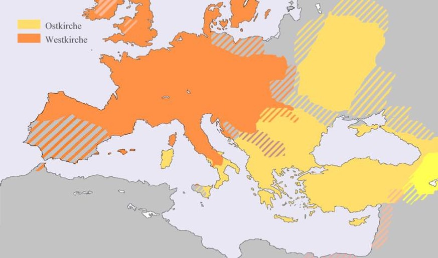 Die westliche Christenheit Mitte des 11. Jahrhunderts
Von Blidfried - Eigenes Werk, CC BY-SA 4.0, https://commons.wikimedia.org/w/index.php?curid=107531850