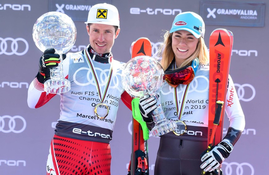 Ski Alpin Weltcup Finale in Andorra Grandvalira 17.03.2019, Soldeu, AND, FIS Weltcup Ski Alpin, Siegerehrung, Gesamtweltcup, im Bild v.l. 1. Platz Herren Marcel Hirscher (AUT) mit der grossen Kristall ...