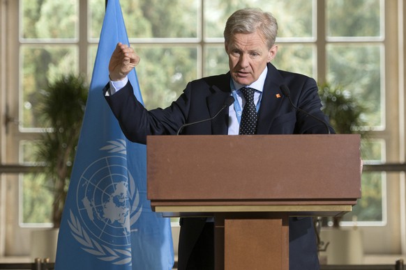 Jan Egeland, Senior Advisor to the United Nations Special Envoy for Syria, speaks about the International Syria Support Group&#039;s Humanitarian Access Task Force, at the European headquarters of the ...