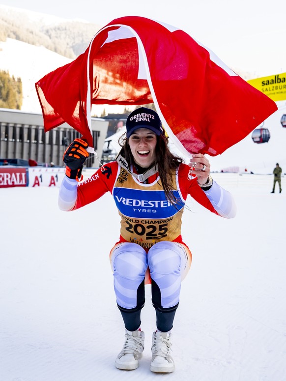 Gold medalist Camille Rast of Switzerland celebrates during the podium ceremony of the women&#039;s Slalom race at the 2025 FIS Alpine World Ski Championships, in Saalbach-Hinterglemm, Austria, Saturd ...