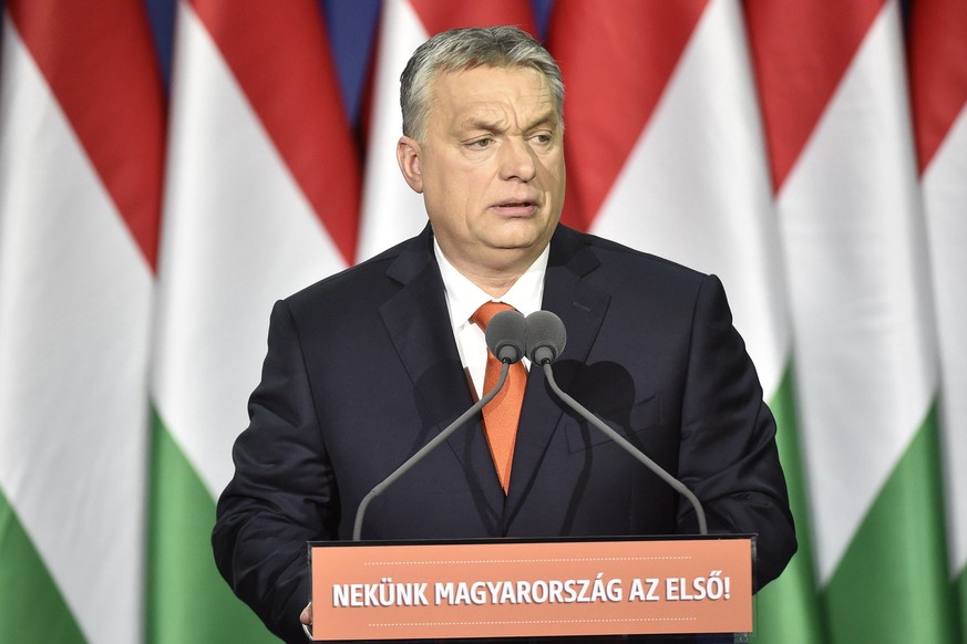 epa06539937 Hungarian Prime Minister Viktor Orban delivers his annual &#039;State of Hungary&#039; speech in Budapest, Hungary, in Budapest, Hungary, 18 February 2018. The inscription reads: &#039;For ...