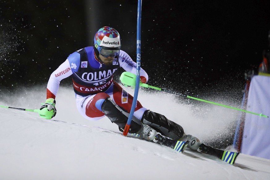 Switzerland&#039;s Luca Aerni competes during a Men&#039;s Ski World Cup Slalom, in Madonna di Campiglio, Italy, Friday, Dec. 22, 2017. (AP Photo/Marco Trovati)