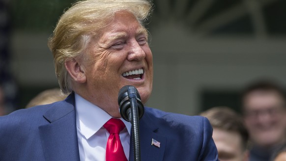 President Donald Trump speaks during the presentation of the Commander-in-Chief&#039;s Trophy to the U.S. Military Academy at West Point football team in the Rose Garden of the White House, Monday, Ma ...