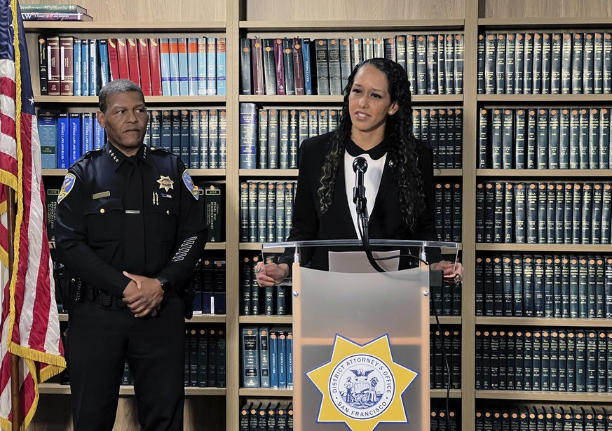 San Francisco District Attorney Brooke Jenkins addresses reporters at a news conference with Police Chief William Scott standing next to her on Monday, Oct. 31, 2022, in San Francisco. Jenkins announc ...