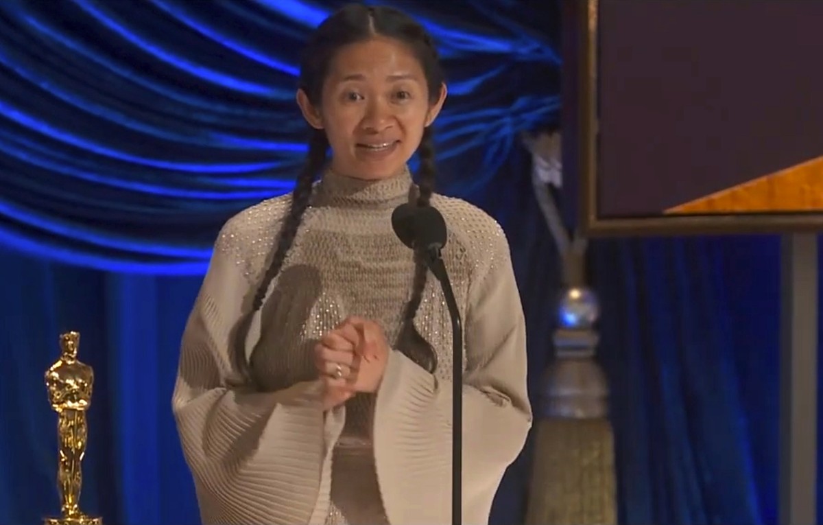 In this video image provided by ABC, Chloe Zhao accepts the award for best director for "Nomadland" at the Oscars on Sunday, April 25, 2021. (ABC via AP)