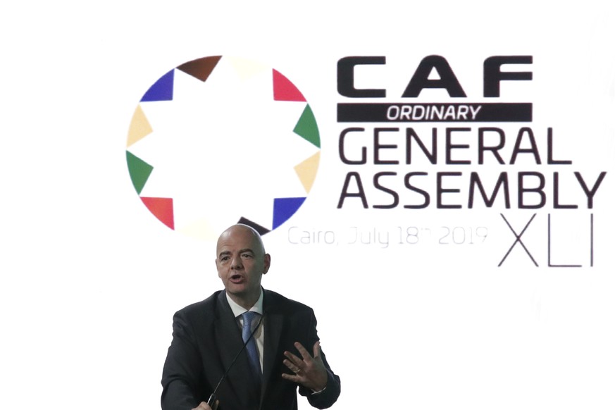 FILE - FIFA president Gianni Infantino speaks during the Confederation of African Football general assembly in Cairo, Egypt, July 18, 2019. Infantino has linked his plan for biennial World Cups to giv ...