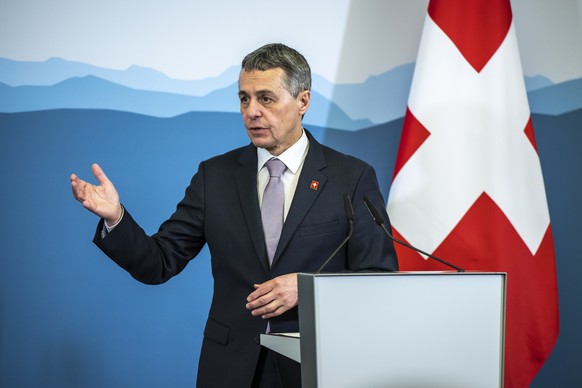 Switzerland's President and head of the Federal Department of Foreign Affairs Ignazio Cassis, speaks during a press briefing at the Uni Dufour University of Geneva, during an official visit of president of Croatia, in Geneva, Switzerland, Thursday, April 07, 2022. (KEYSTONE/Martial Trezzini).