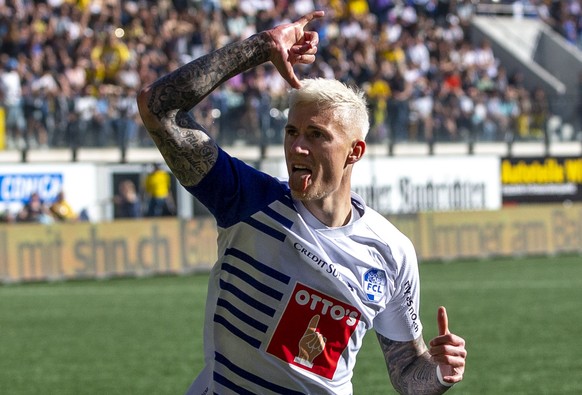 Luzerns Marvin Schulz jubelt nachdem er den Penalty zum 0-1 vversenkt hat waehrend dem im Fussball Barrage-Hinspiel der Super / Challenge League zwischen dem FC Schaffhausen und dem FC Luzern in der w ...