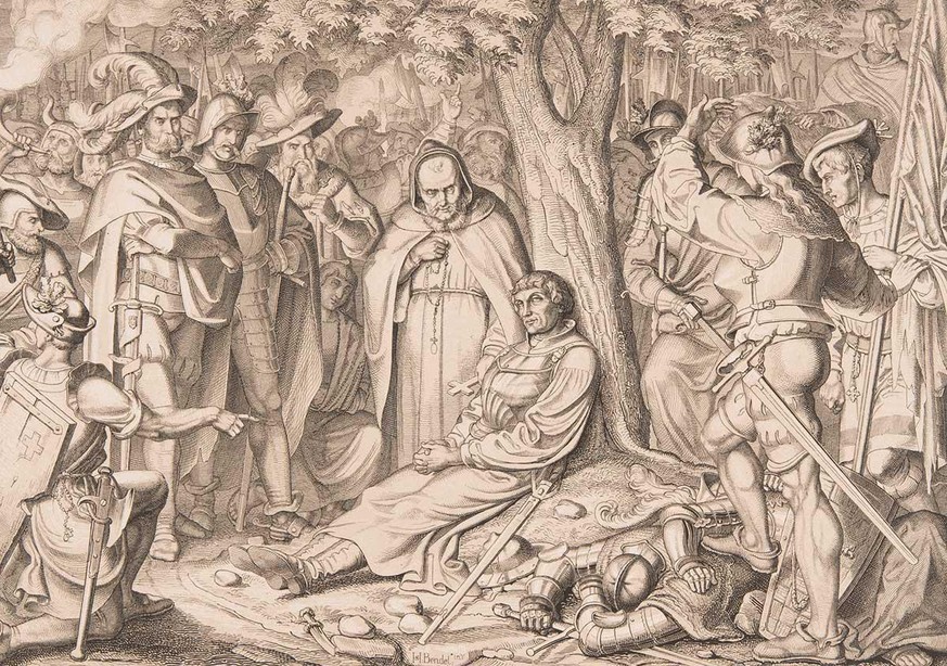 Der sterbende Zwingli in Kappel, 1531. Druckgrafik aus dem 19. Jahrhundert.